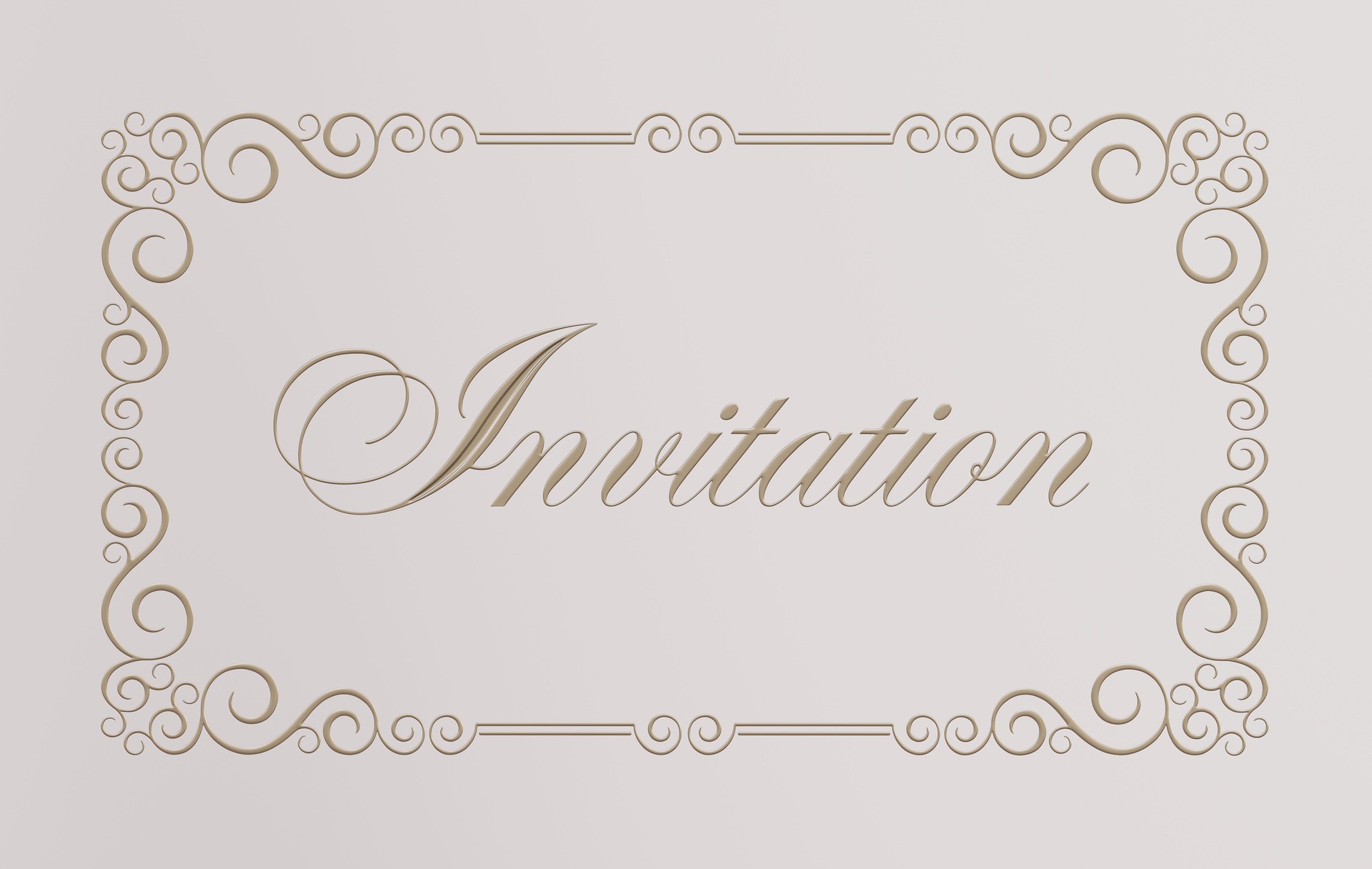 Decorative rectangular framework and calligraphic lettering Invitation. Invitation card. Golden metallic material. 3D render.